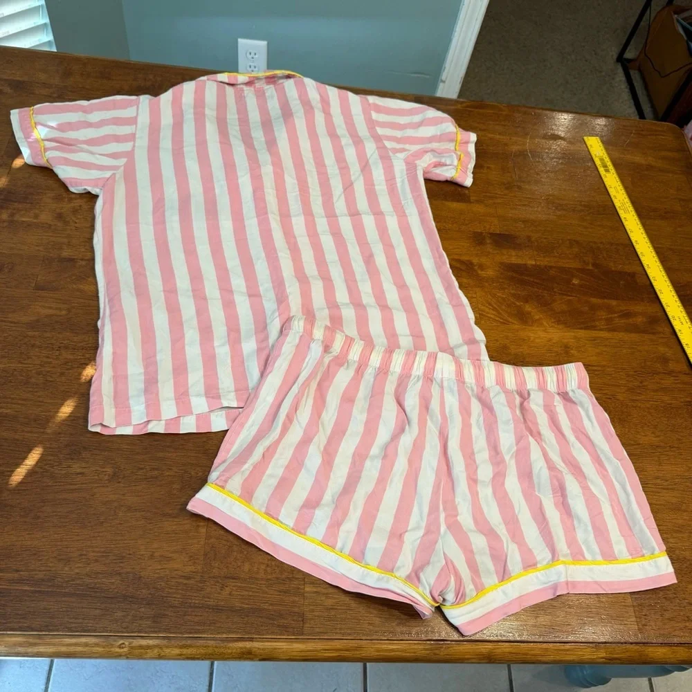 Katie Kime Retro Stripe Pink White Pajama Set Yellow HH on pocket size medium - Picture 12 of 12